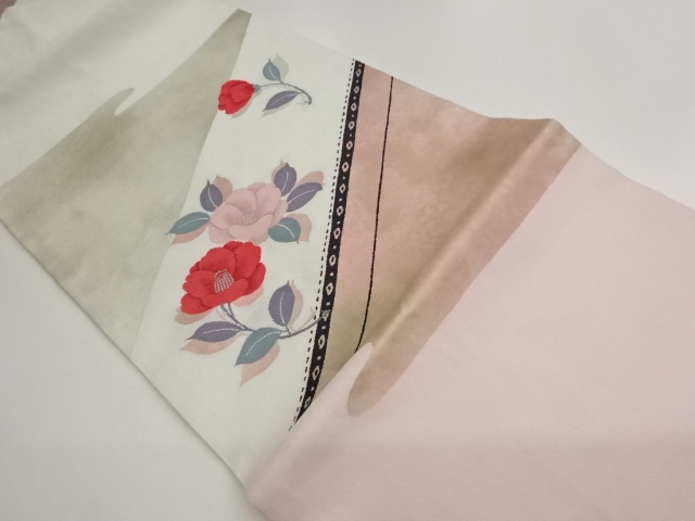 椿に斜線模様織出し名古屋帯